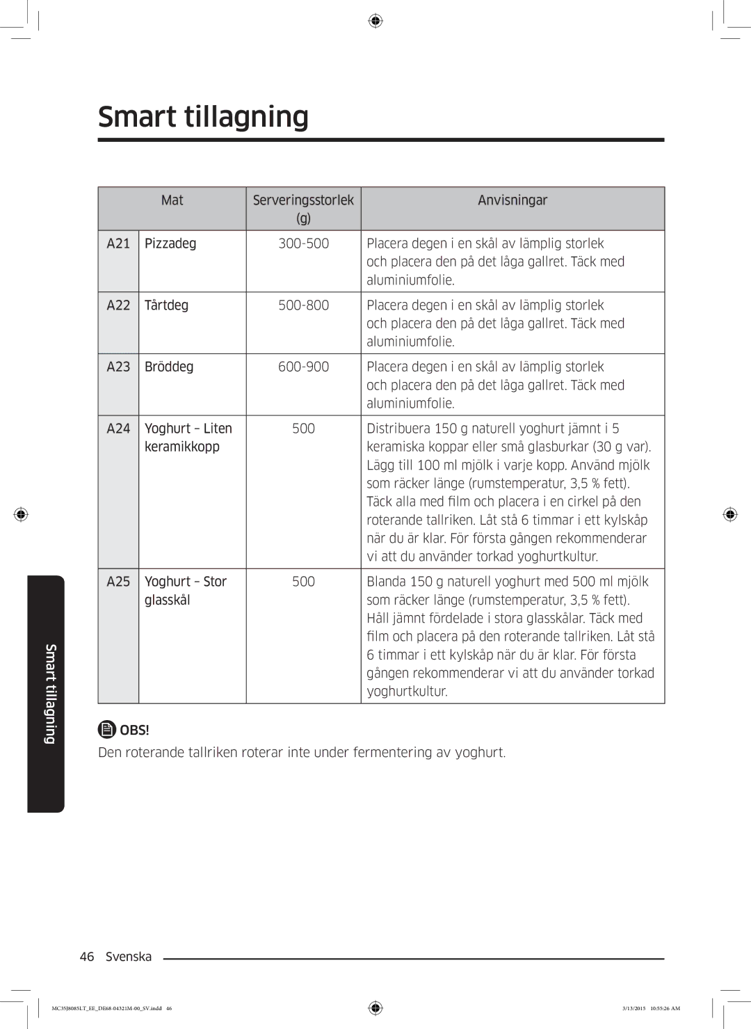 Samsung MC35J8085LT/EE manual Smart tillagning 