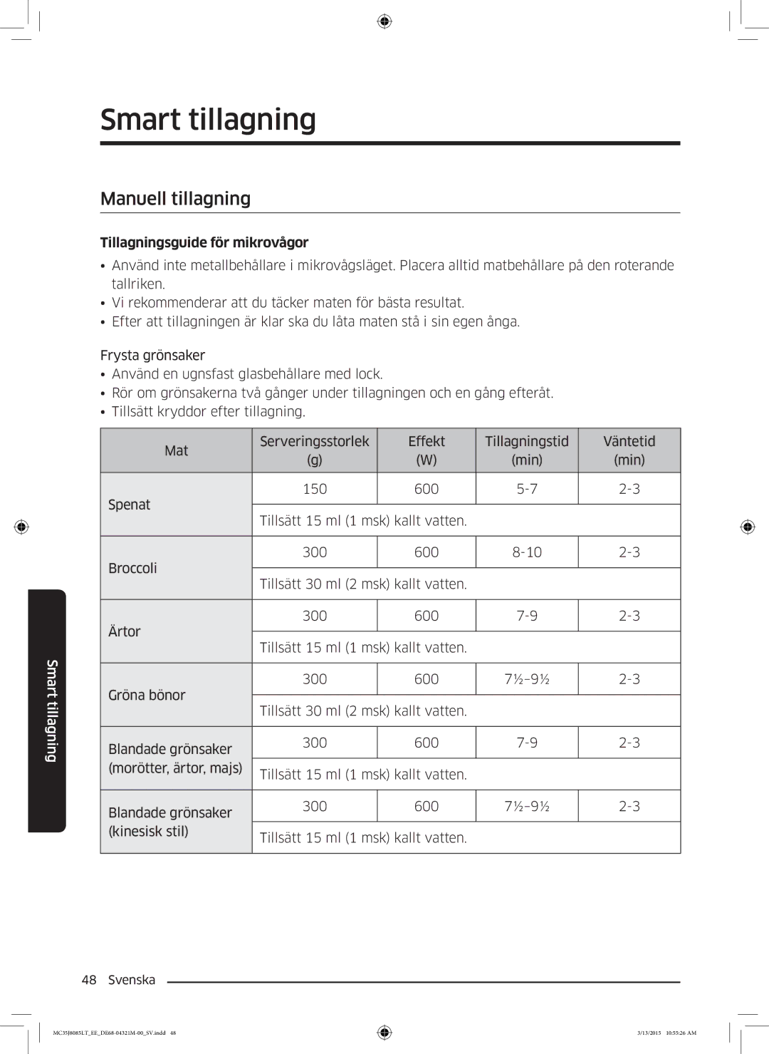 Samsung MC35J8085LT/EE manual Manuell tillagning, Tillagningsguide för mikrovågor 