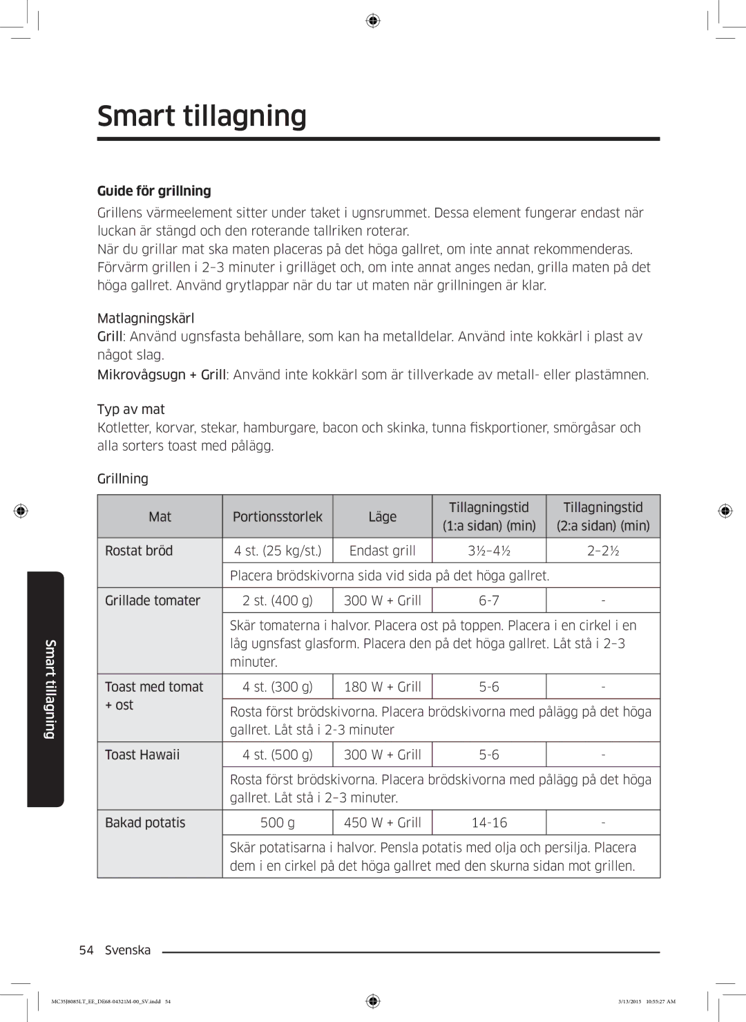 Samsung MC35J8085LT/EE manual Guide för grillning 