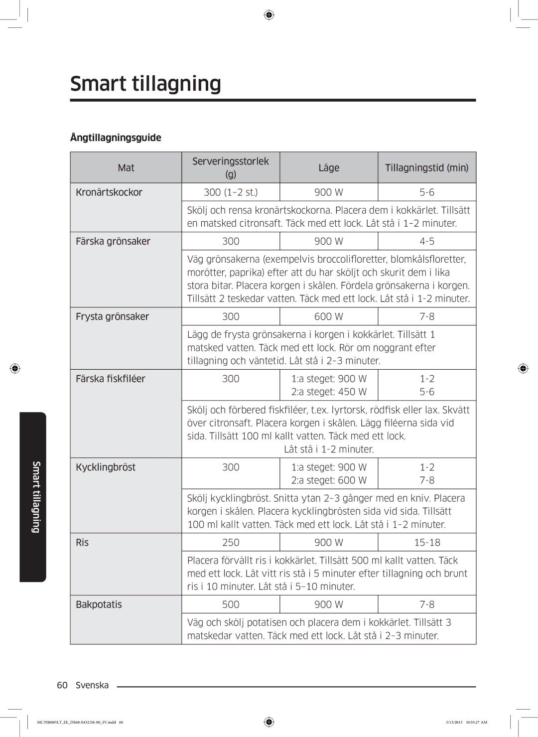 Samsung MC35J8085LT/EE manual Ångtillagningsguide 