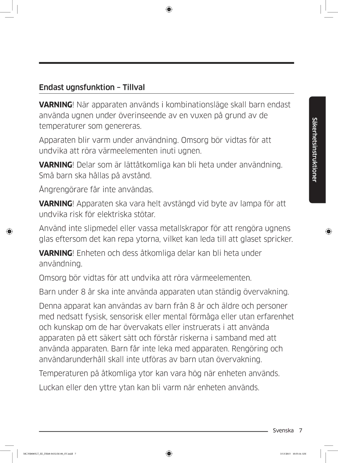 Samsung MC35J8085LT/EE manual Säkerhetsinstruktioner 