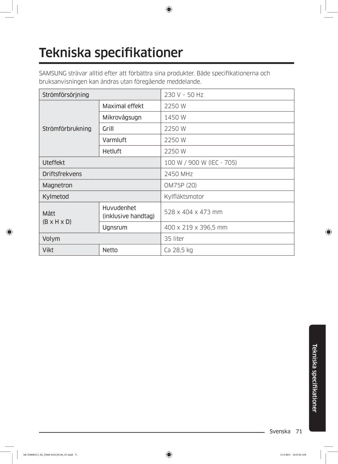 Samsung MC35J8085LT/EE manual Tekniska specifikationer, Fikationer Tekniska speci 