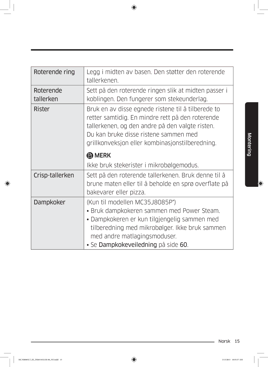 Samsung MC35J8085LT/EE manual Merk 