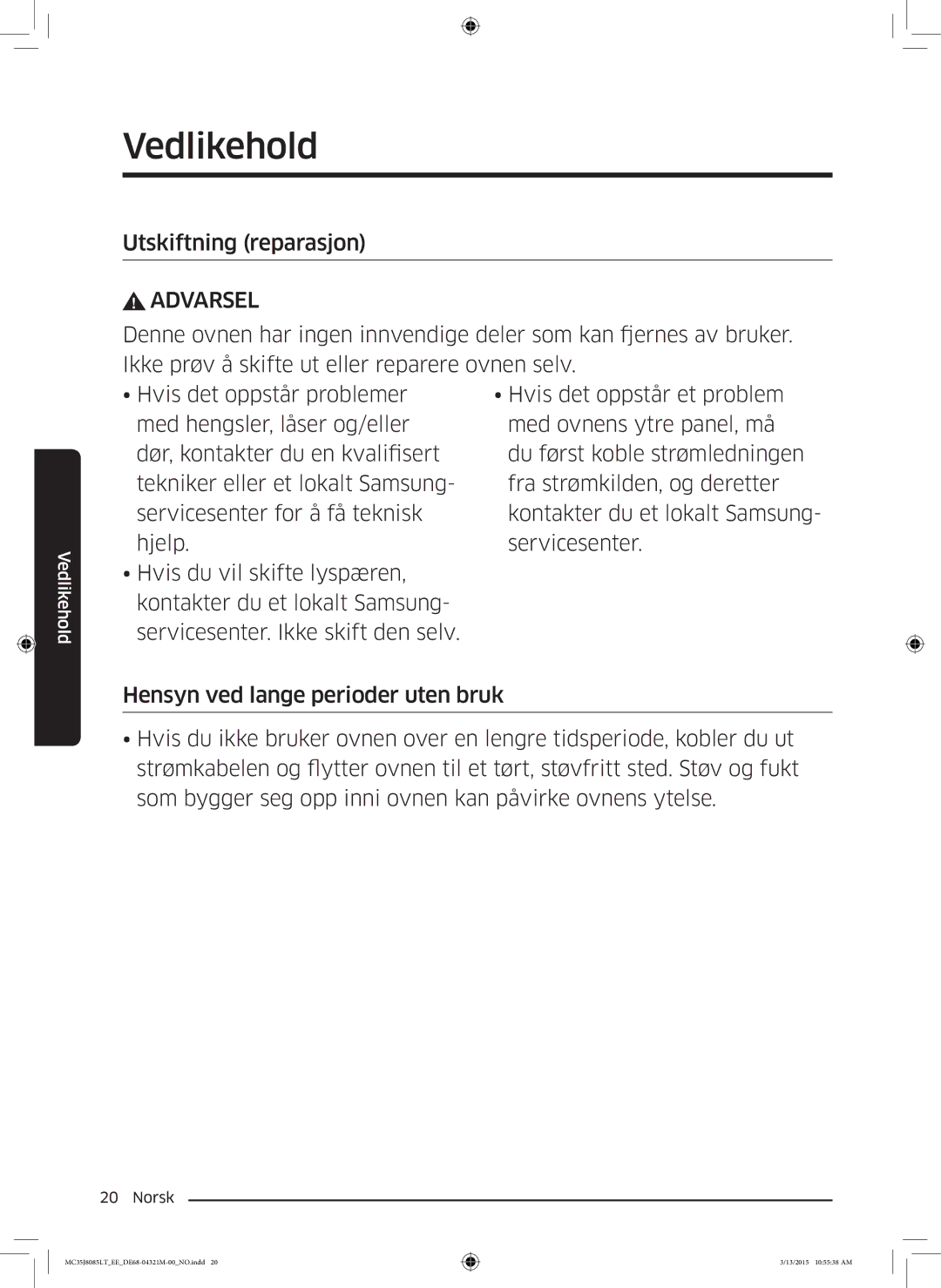 Samsung MC35J8085LT/EE manual Vedlikehold 