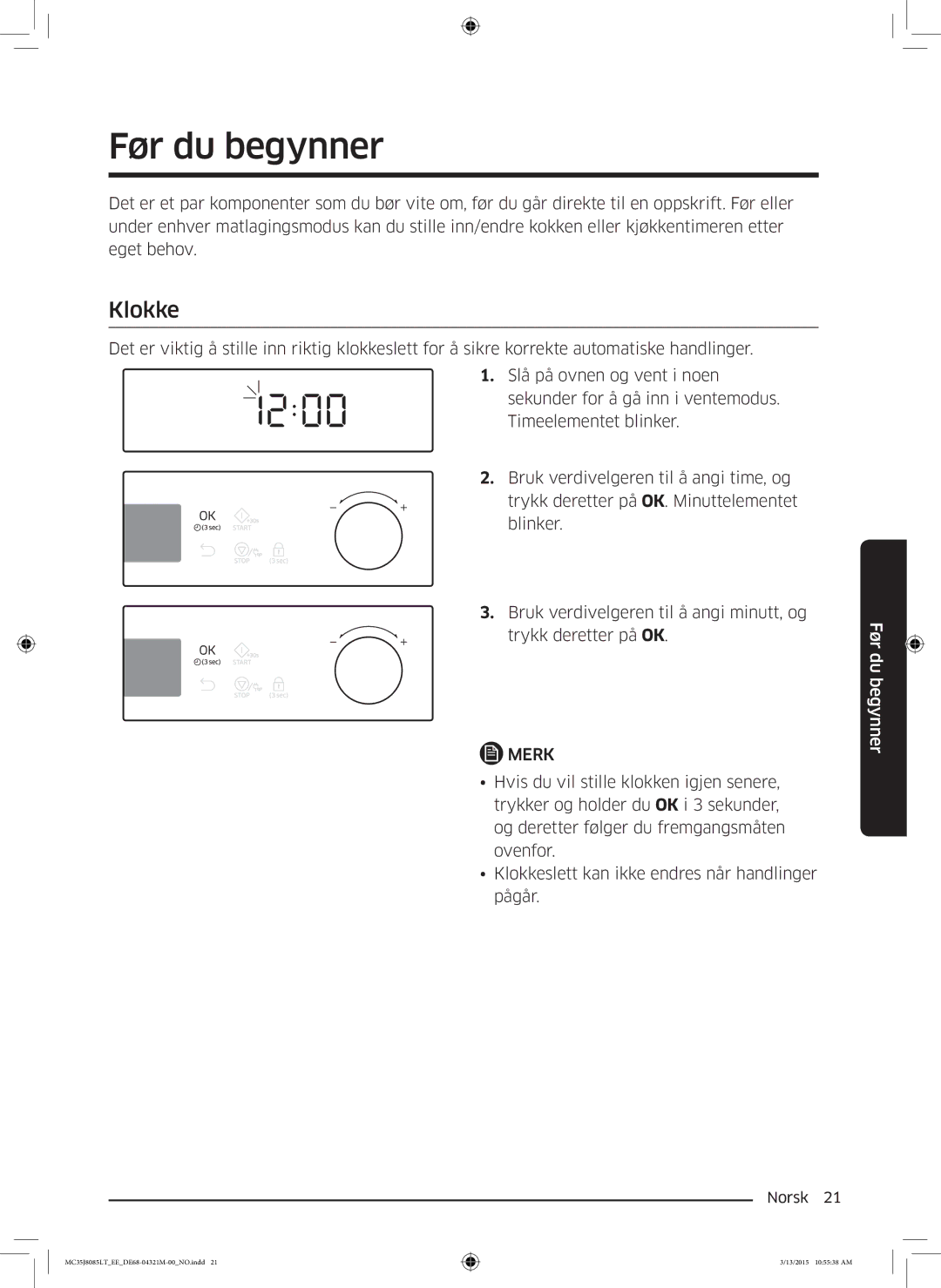 Samsung MC35J8085LT/EE manual Før du begynner, Klokke 