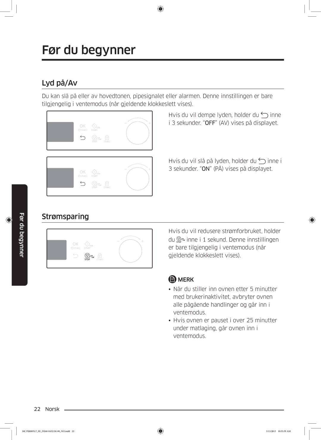 Samsung MC35J8085LT/EE manual Lyd på/Av, Strømsparing 