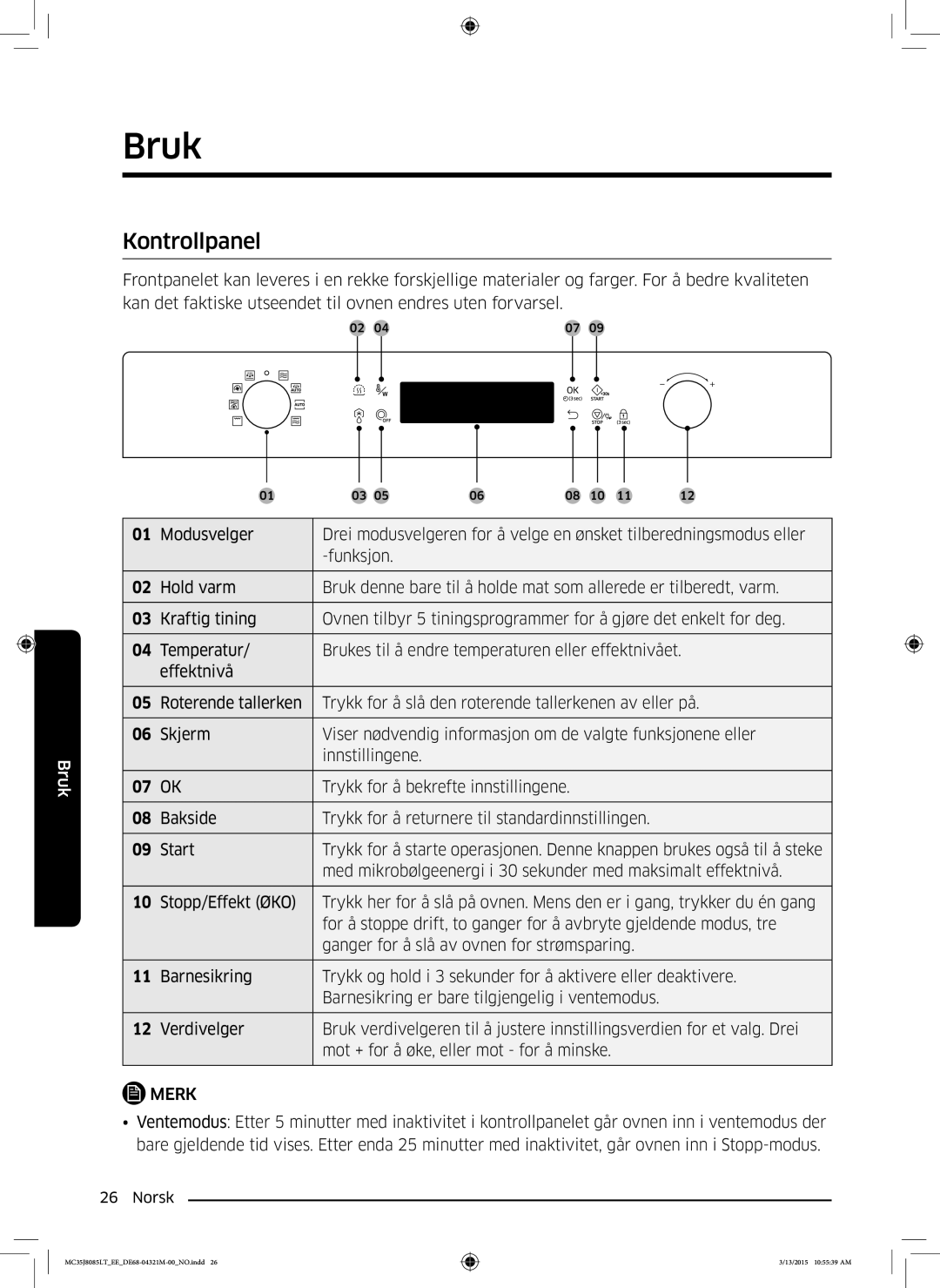 Samsung MC35J8085LT/EE manual Bruk, Kontrollpanel 