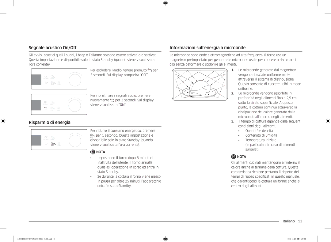 Samsung MC35J8085LT/ET manual Segnale acustico On/Off, Risparmio di energia, Informazioni sull’energia a microonde 