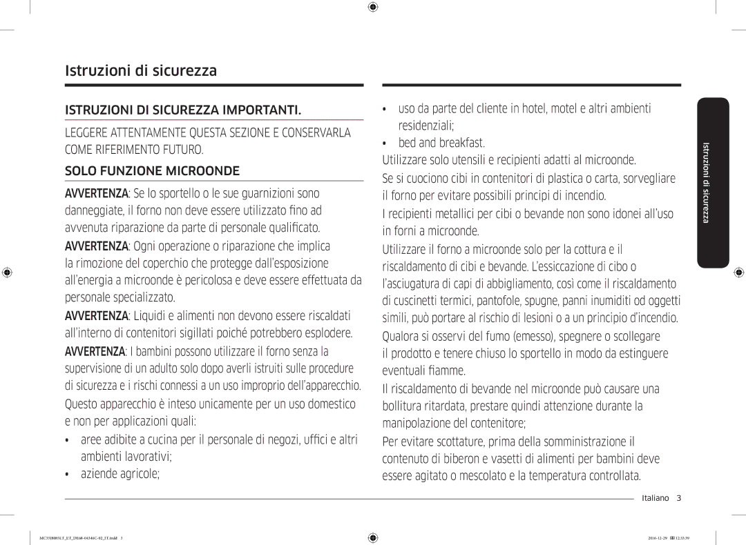 Samsung MC35J8085LT/ET manual Istruzioni di sicurezza 