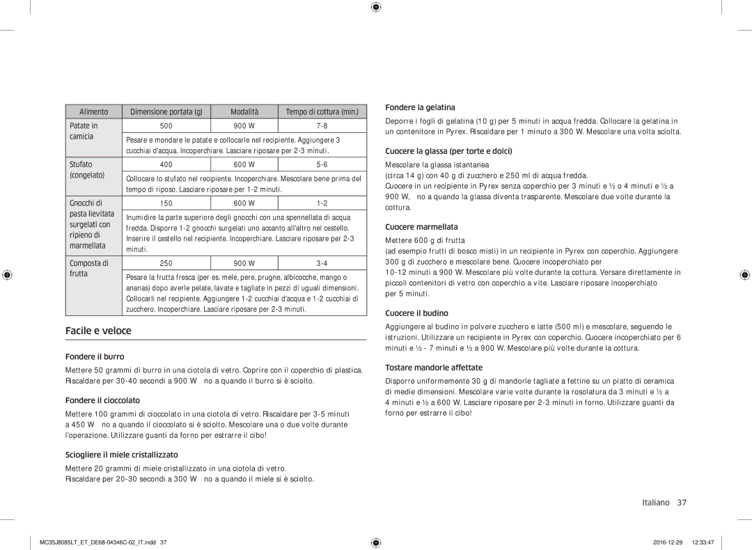 Samsung MC35J8085LT/ET manual Facile e veloce, Congelato 