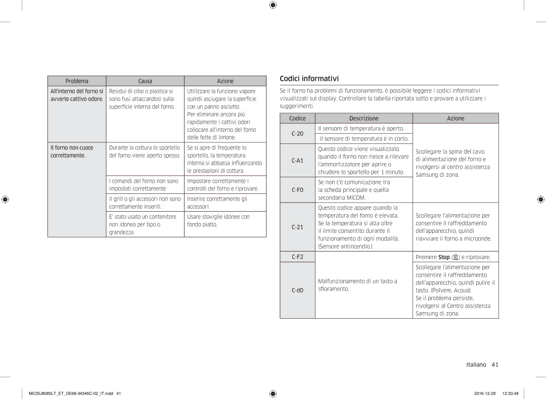 Samsung MC35J8085LT/ET manual Codici informativi 
