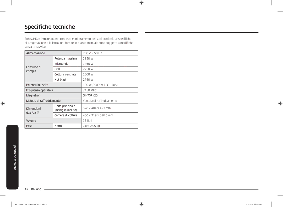 Samsung MC35J8085LT/ET manual Specifiche tecniche 