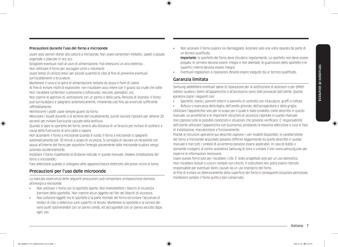 Samsung MC35J8085LT/ET manual Precauzioni per l’uso delle microonde, Garanzia limitata 