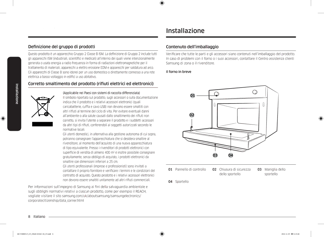 Samsung MC35J8085LT/ET manual Installazione, Definizione del gruppo di prodotti, Contenuto dell’imballaggio 