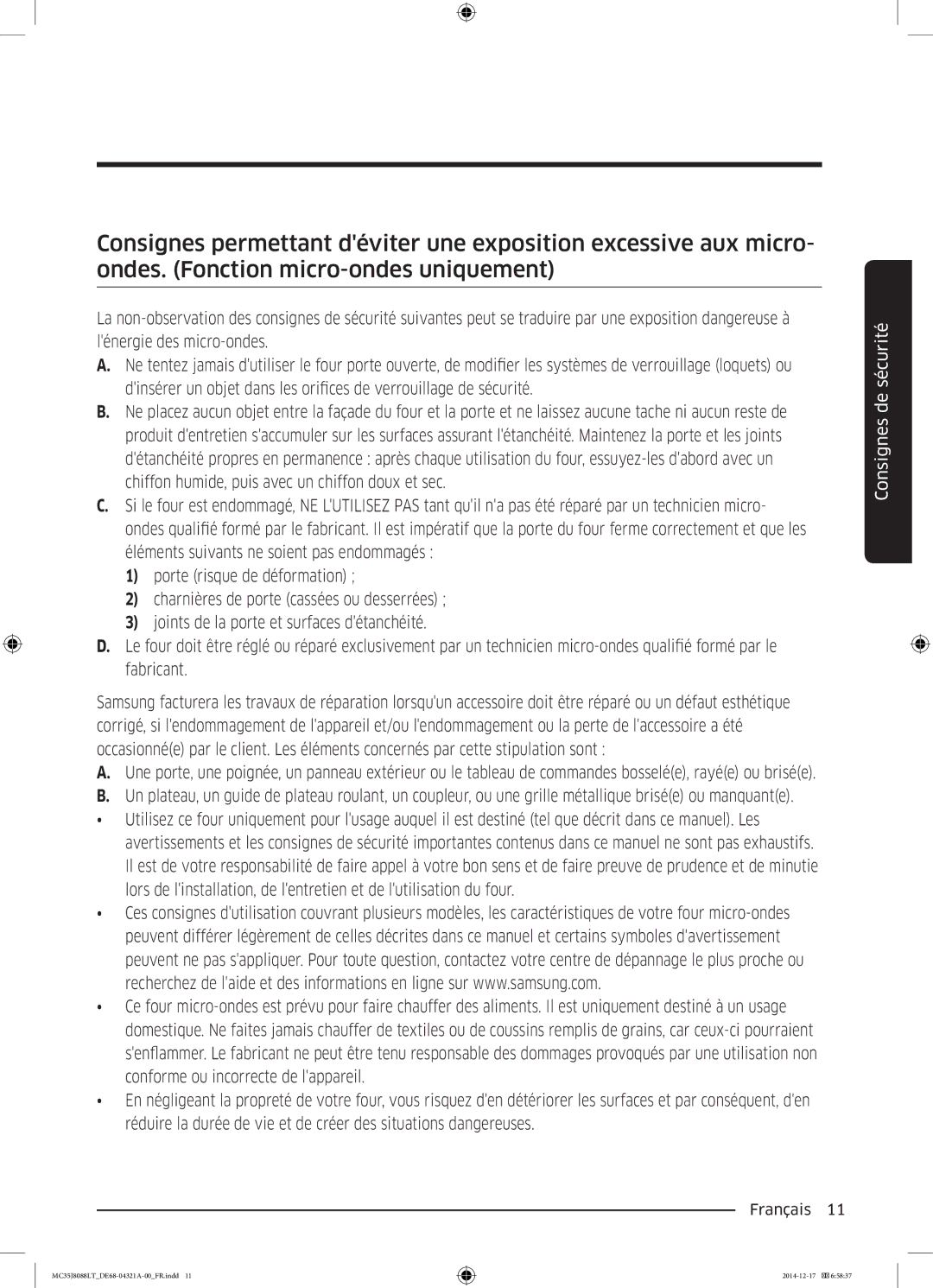 Samsung MC35J8088LT/EF manual Consignes de sécurité 