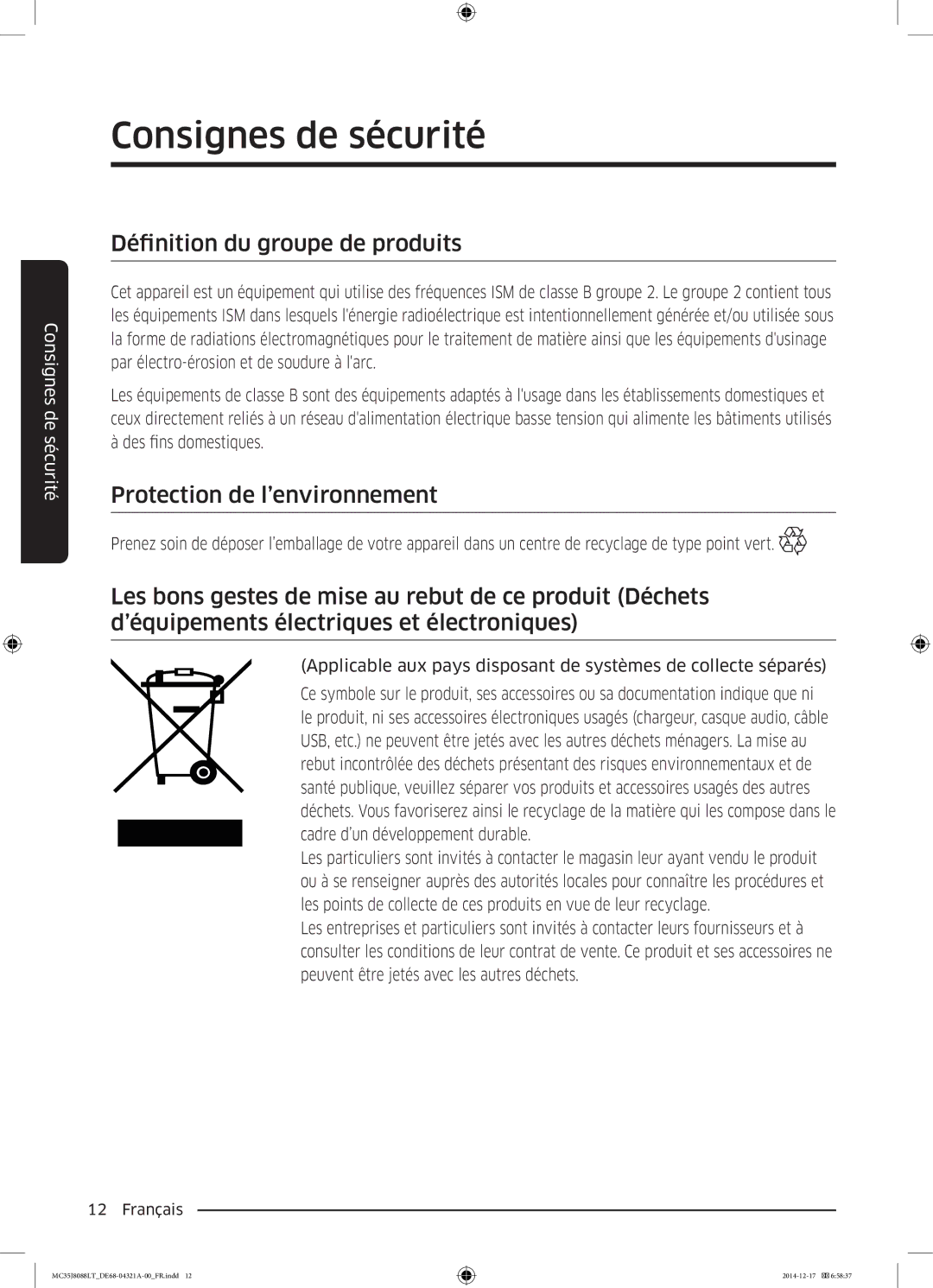 Samsung MC35J8088LT/EF manual Définition du groupe de produits, Protection de l’environnement 