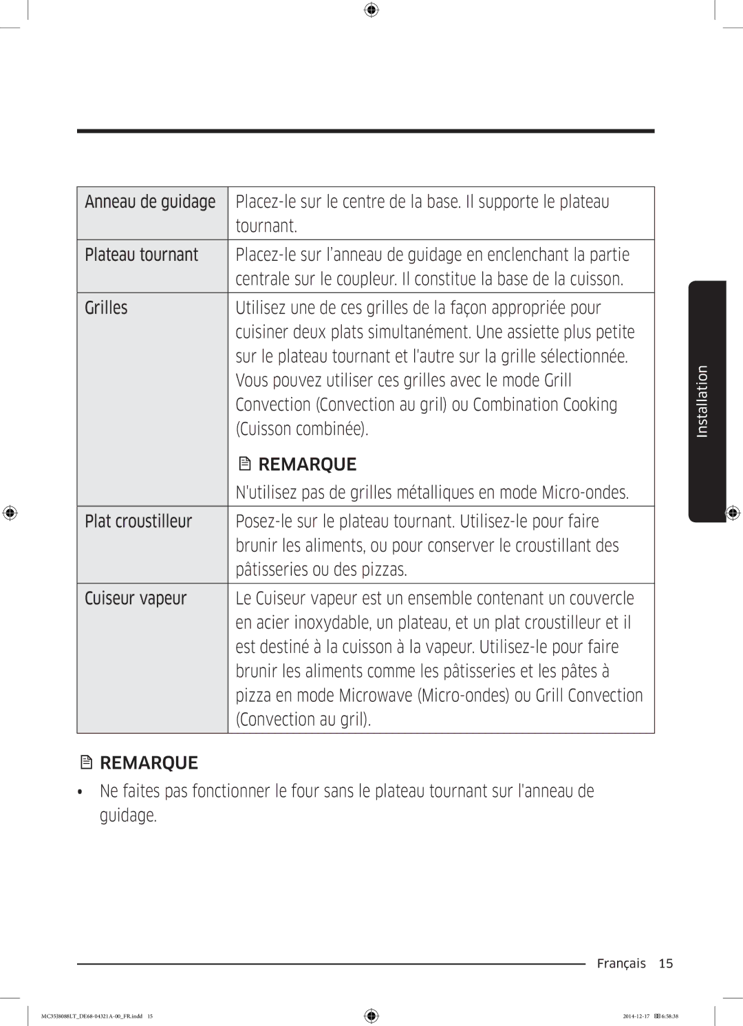 Samsung MC35J8088LT/EF manual Vous pouvez utiliser ces grilles avec le mode Grill, Cuisson combinée, Convection au gril 