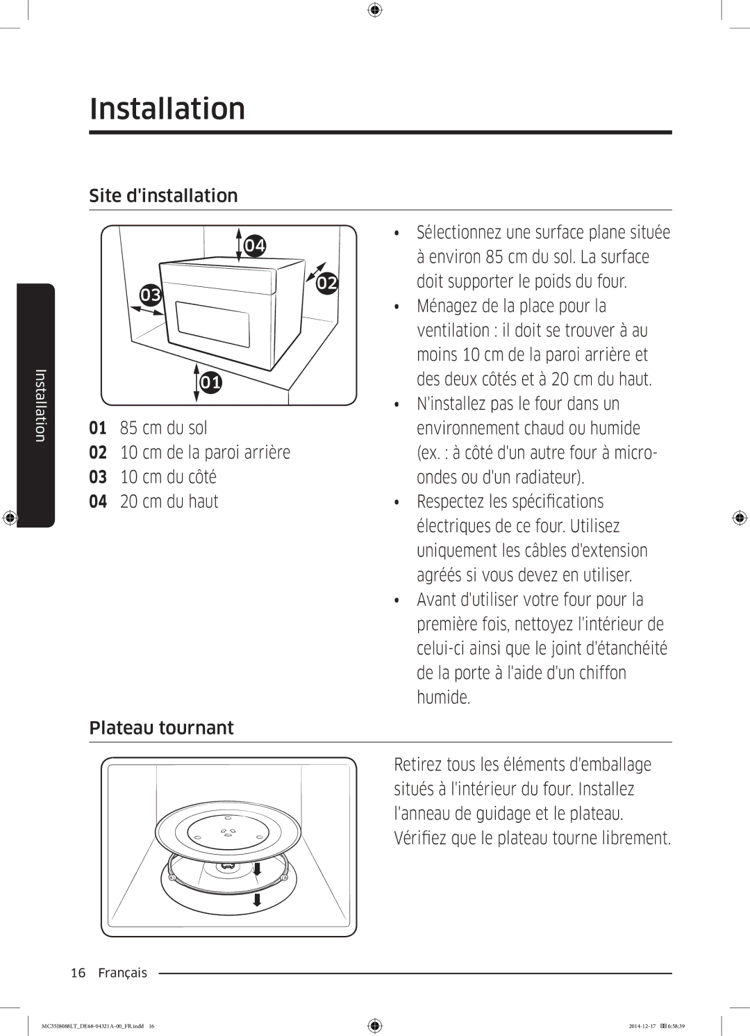 Samsung MC35J8088LT/EF manual Site dinstallation, Doit supporter le poids du four, Ménagez de la place pour la 