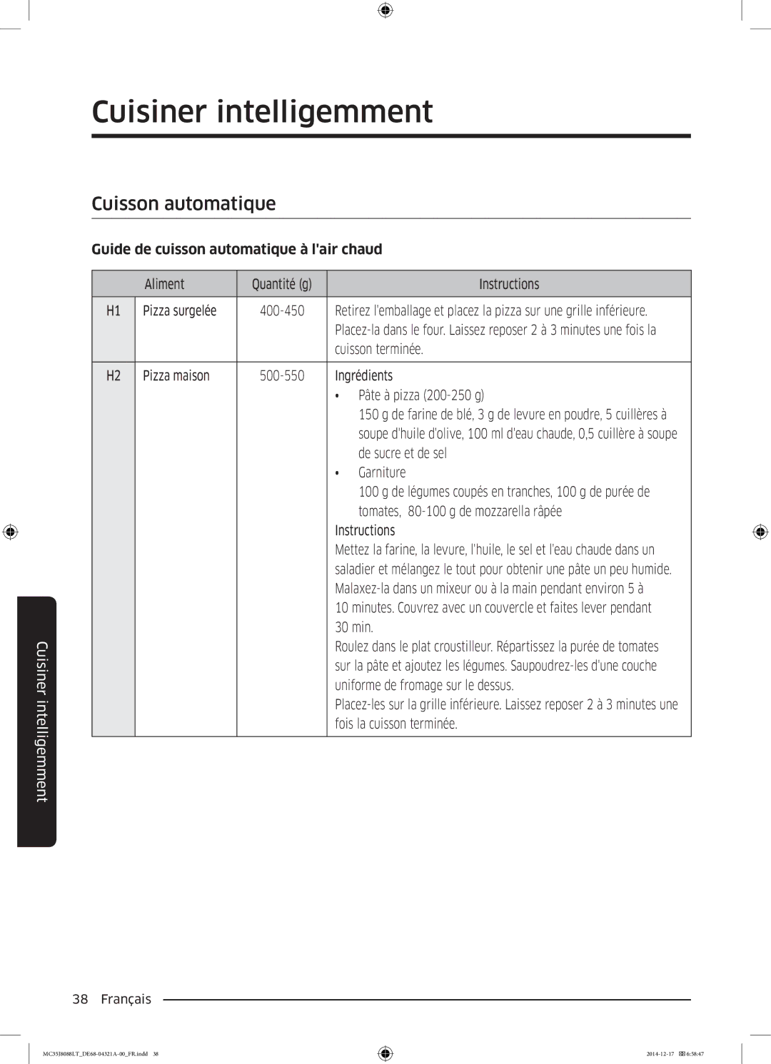 Samsung MC35J8088LT/EF manual Cuisiner intelligemment, Cuisson automatique, Guide de cuisson automatique à lair chaud 