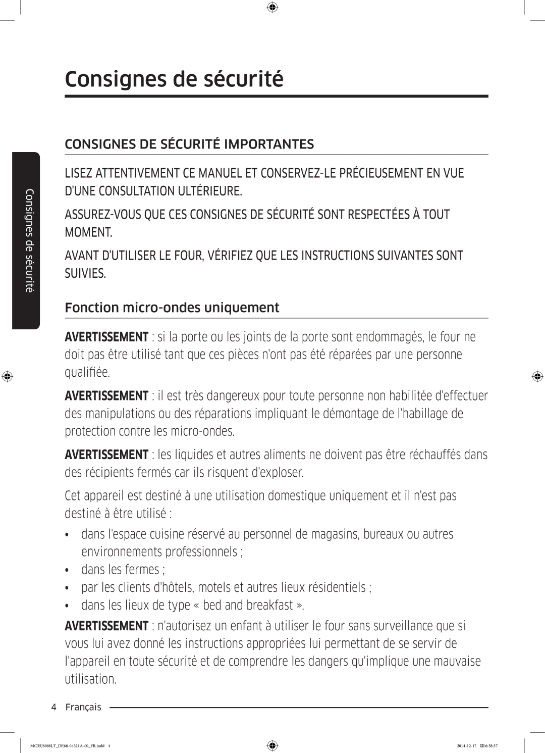 Samsung MC35J8088LT/EF manual Consignes de sécurité 