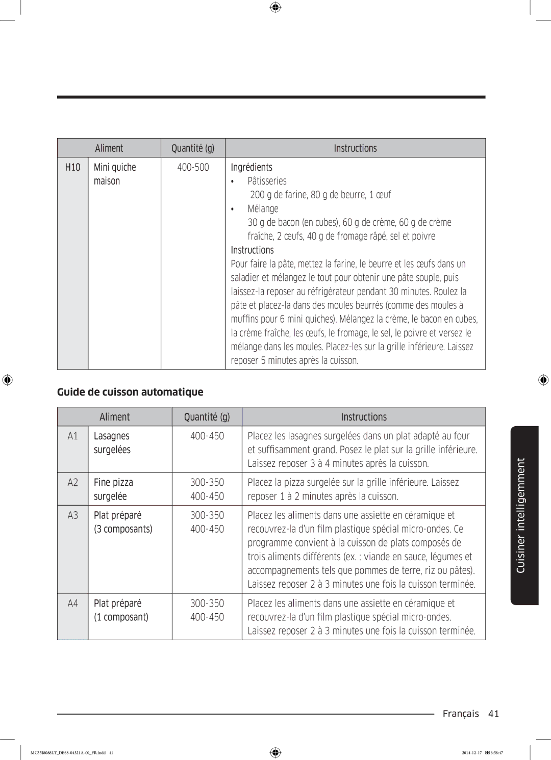 Samsung MC35J8088LT/EF manual Aliment, Fraîche, 2 œufs, 40 g de fromage râpé, sel et poivre, Guide de cuisson automatique 