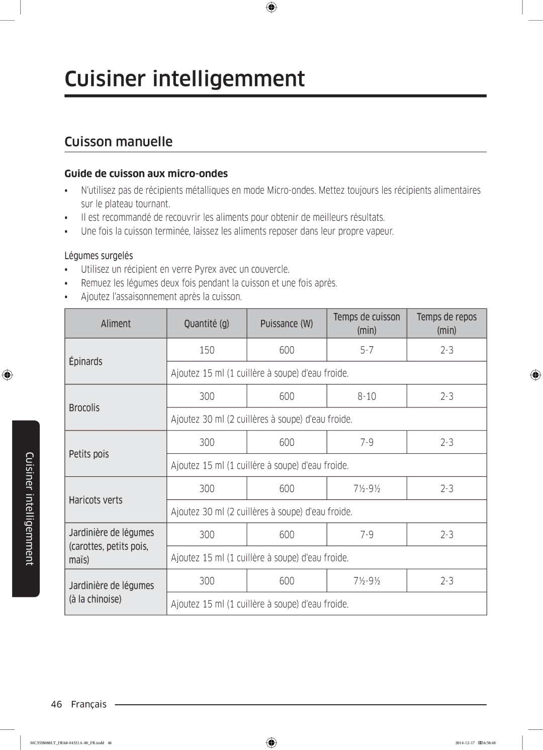 Samsung MC35J8088LT/EF manual Cuisson manuelle, Guide de cuisson aux micro-ondes, Temps de repos 