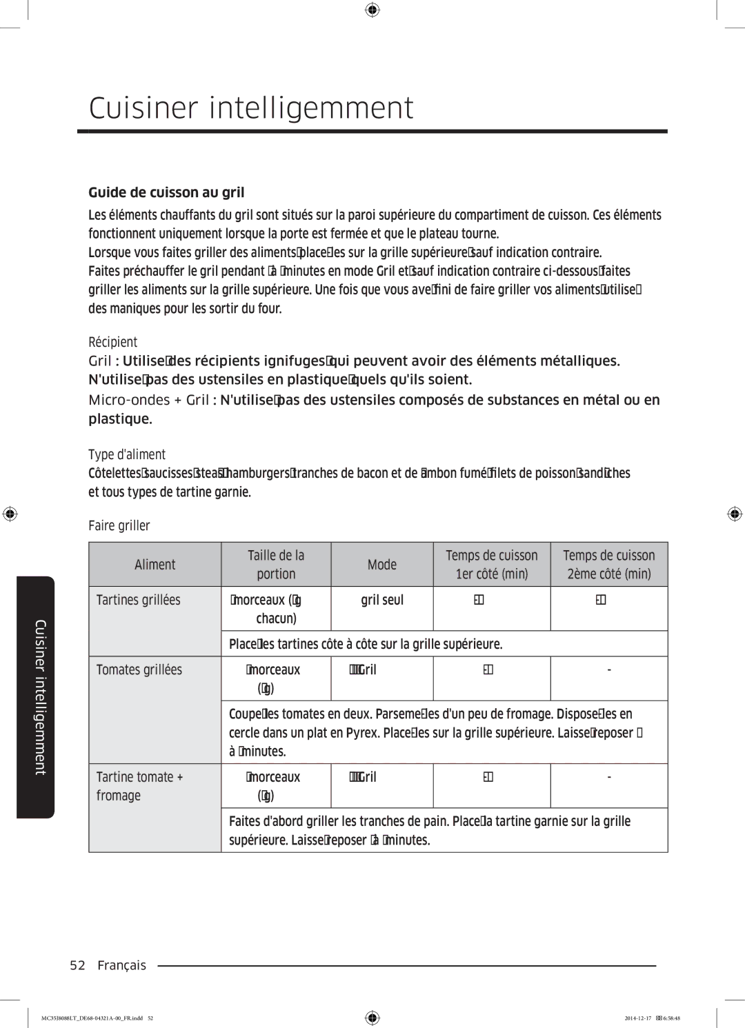 Samsung MC35J8088LT/EF manual Guide de cuisson au gril, Tartines grillées 