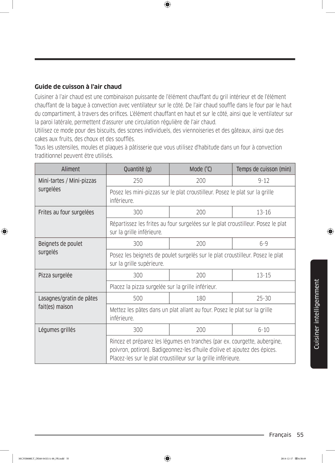 Samsung MC35J8088LT/EF manual Guide de cuisson à lair chaud 