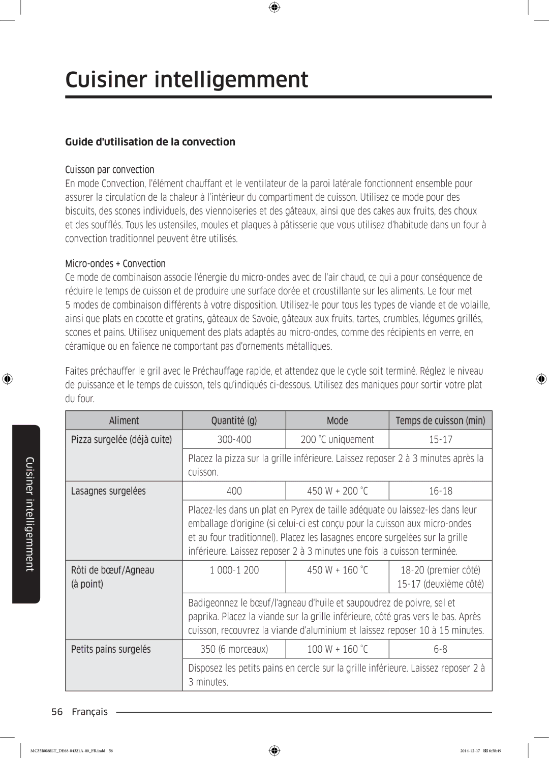 Samsung MC35J8088LT/EF manual Guide dutilisation de la convection, 15-17, Cuisson Lasagnes surgelées 400 