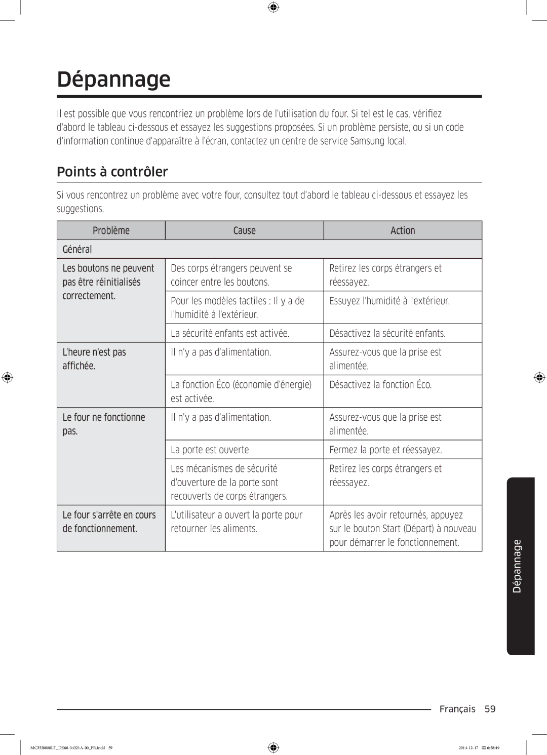 Samsung MC35J8088LT/EF manual Dépannage, Points à contrôler, Pour démarrer le fonctionnement 