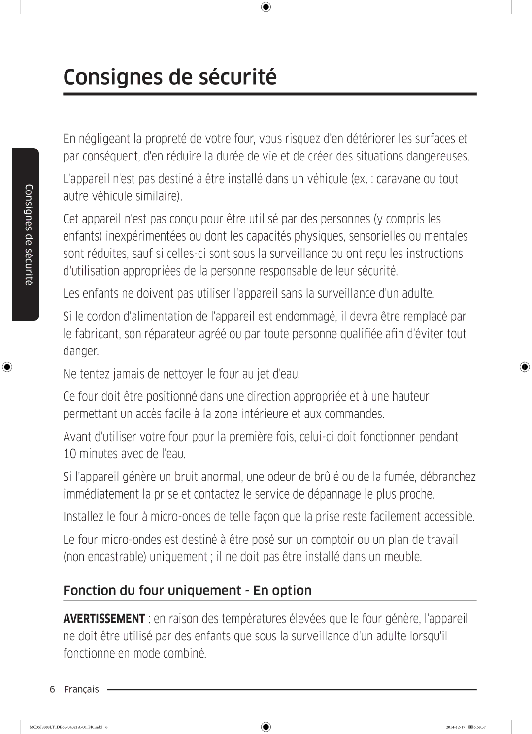 Samsung MC35J8088LT/EF manual Consignes de sécurité 