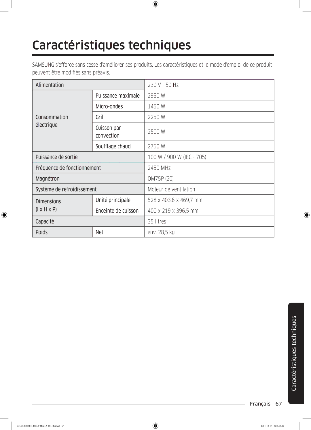 Samsung MC35J8088LT/EF Caractéristiques techniques, 2950 W, 400 x 219 x 396,5 mm, Capacité Litres Poids Net Env ,5 kg 