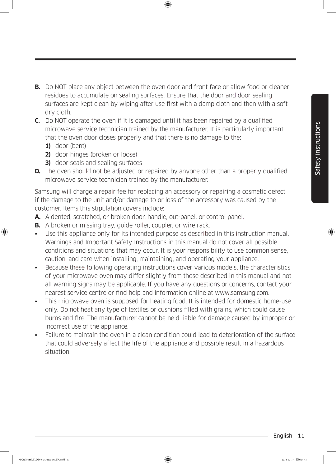 Samsung MC35J8088LT/EF manual Safety instructions 