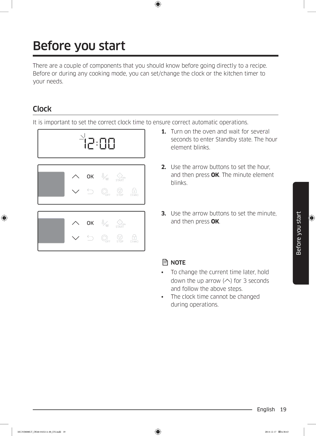 Samsung MC35J8088LT/EF manual Before you start, Clock 