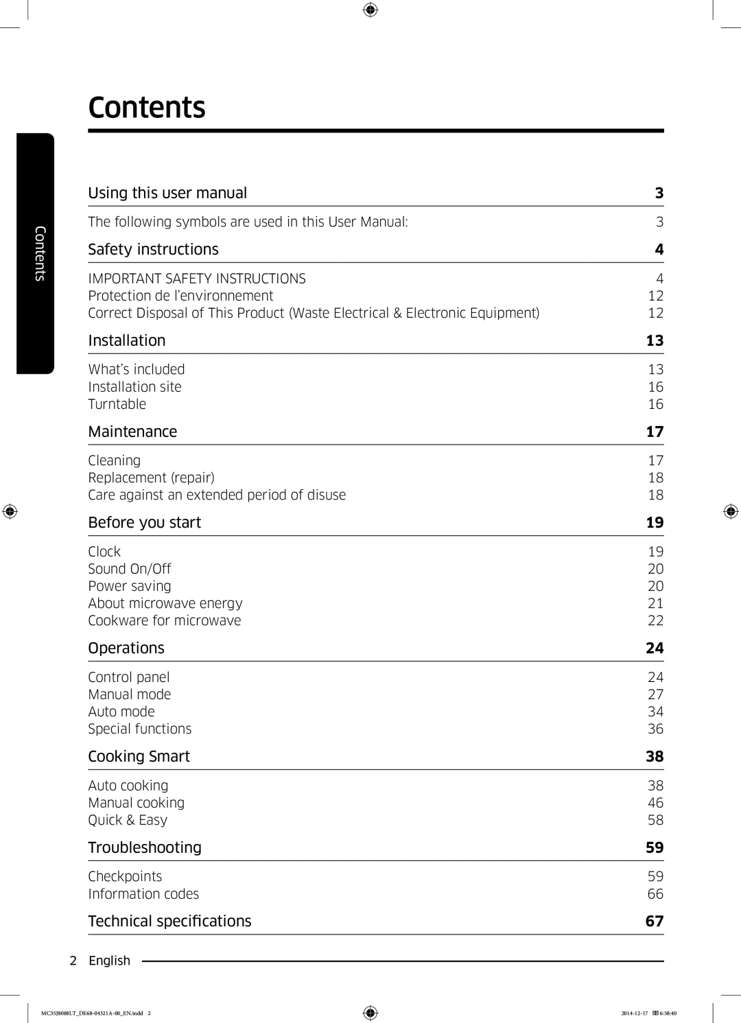 Samsung MC35J8088LT/EF manual Contents 