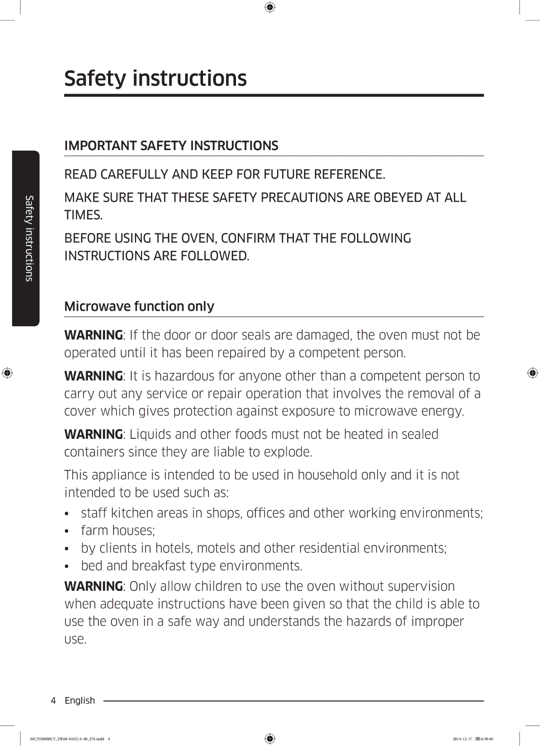 Samsung MC35J8088LT/EF manual Safety instructions 