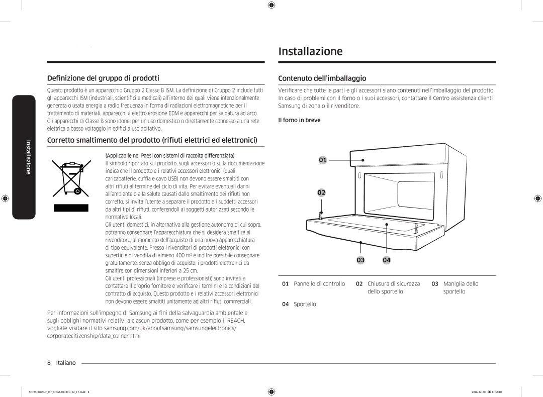 Samsung MC35J8088LT/ET manual Installazione, Definizione del gruppo di prodotti, Contenuto dell’imballaggio 