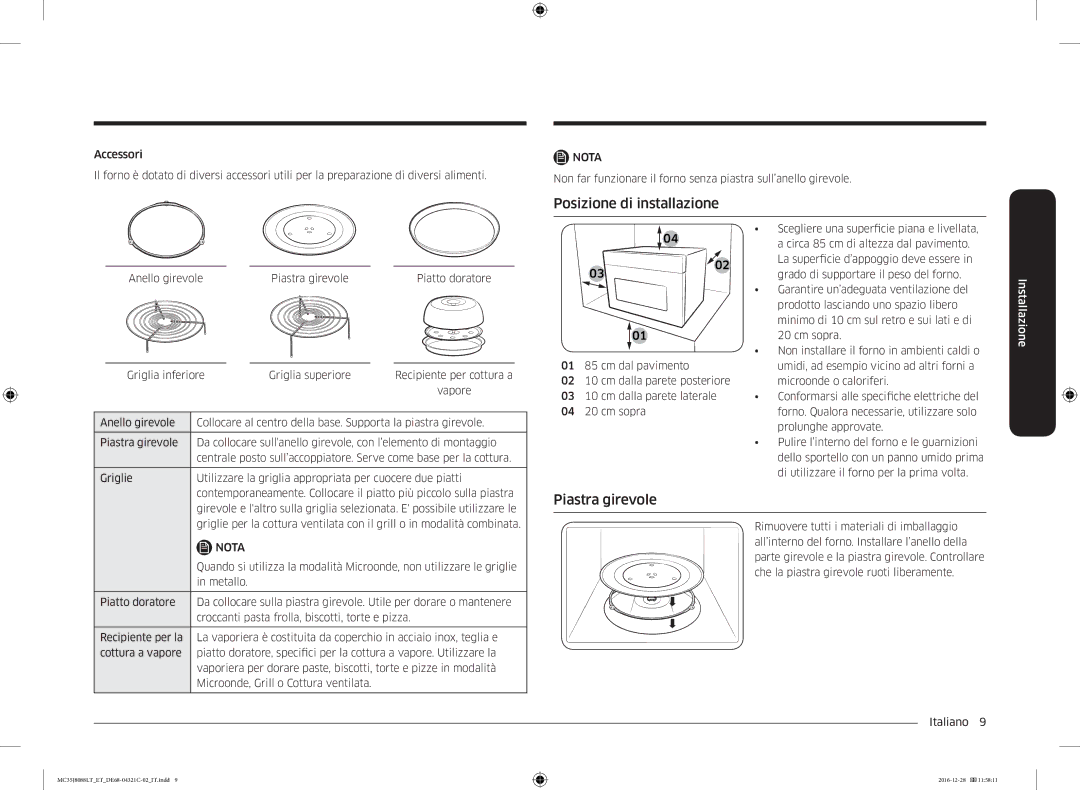 Samsung MC35J8088LT/ET manual Posizione di installazione, Piastra girevole 