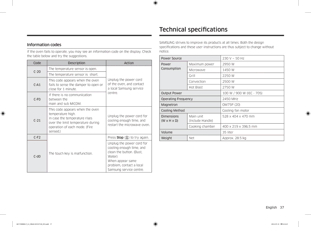 Samsung MC35J8088LT/LI manual Technical specifcations, Information codes 