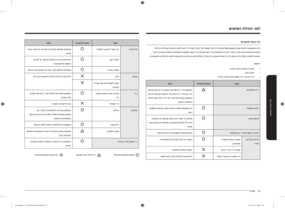 Samsung MC35J8088LT/LI manual לפני, השימוש, רואית לגורקימל םיאתמ רמוח, תושירד 