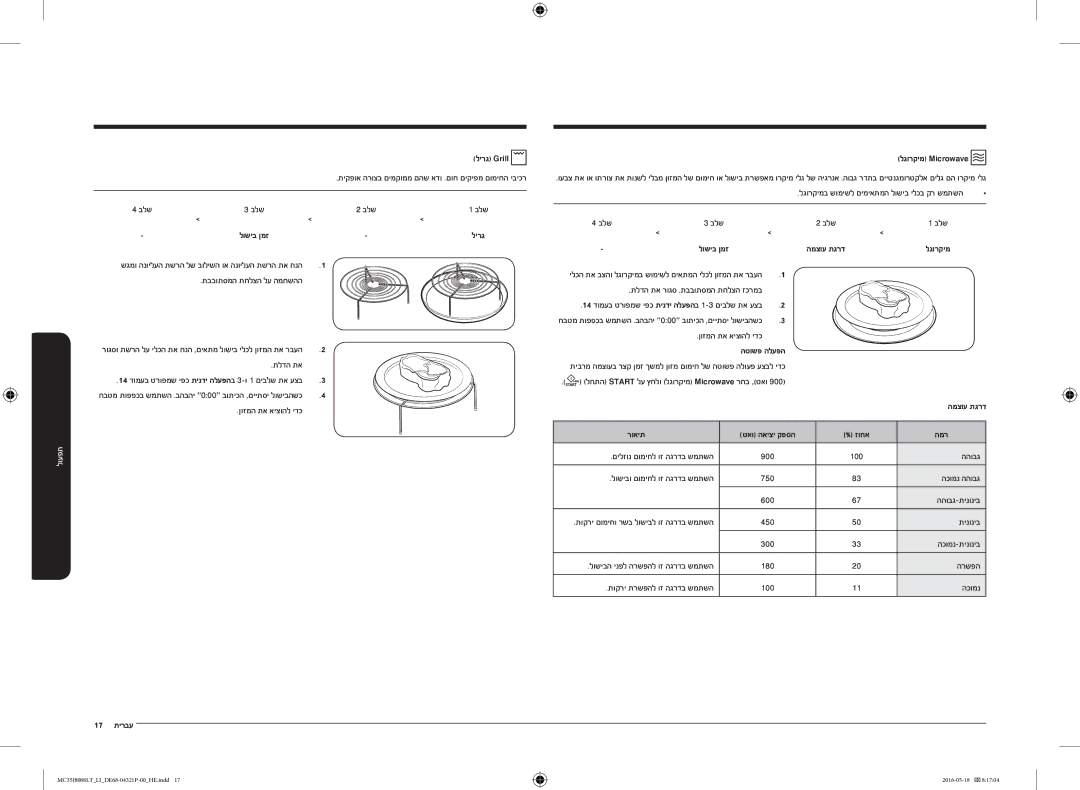 Samsung MC35J8088LT/LI manual לגורקימ Microwave, המר, 17 עברית 