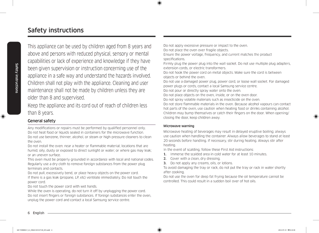 Samsung MC35J8088LT/LI manual General safety 