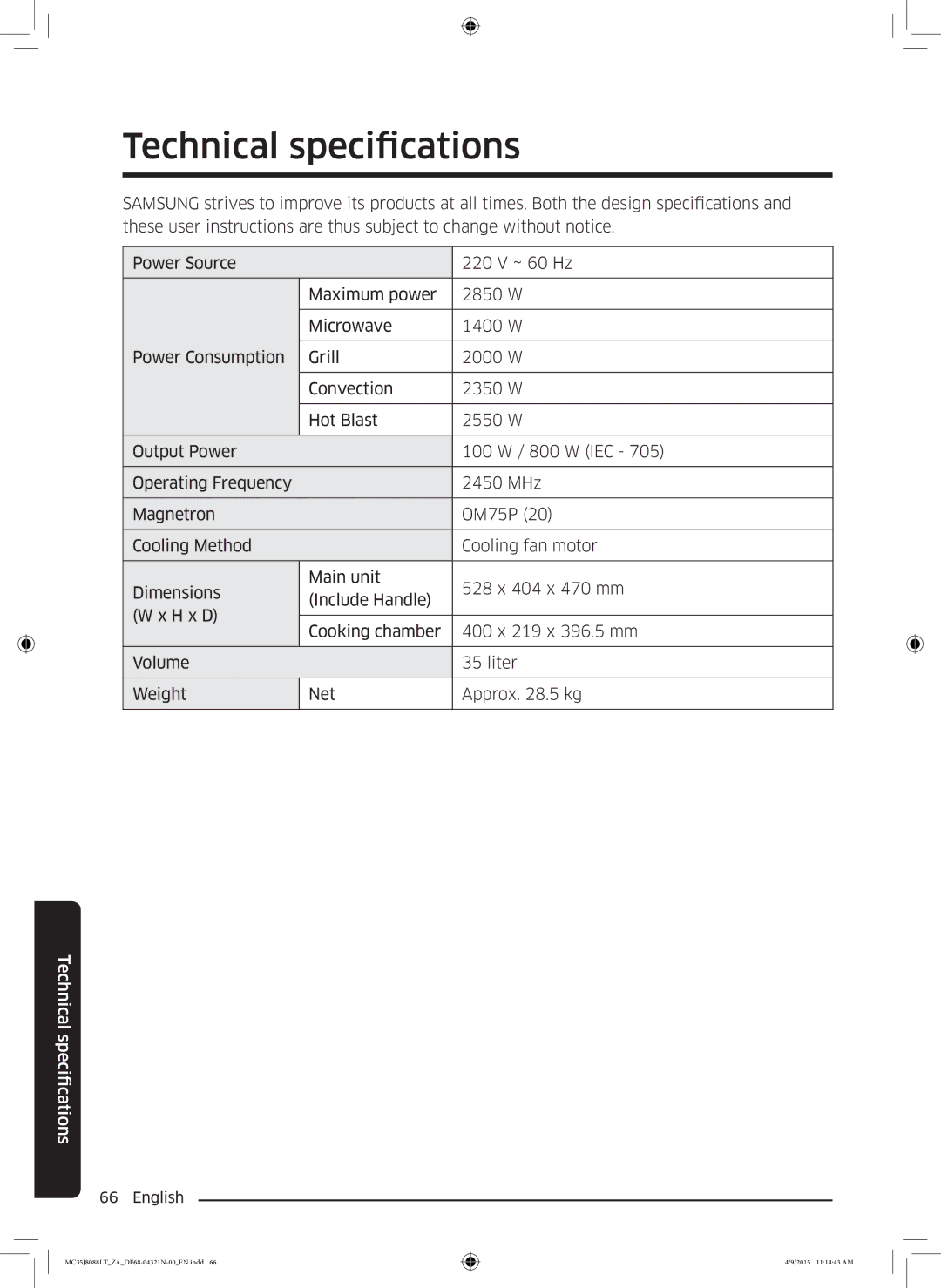 Samsung MC35J8088LT/ZA manual Technical specifcationsication 