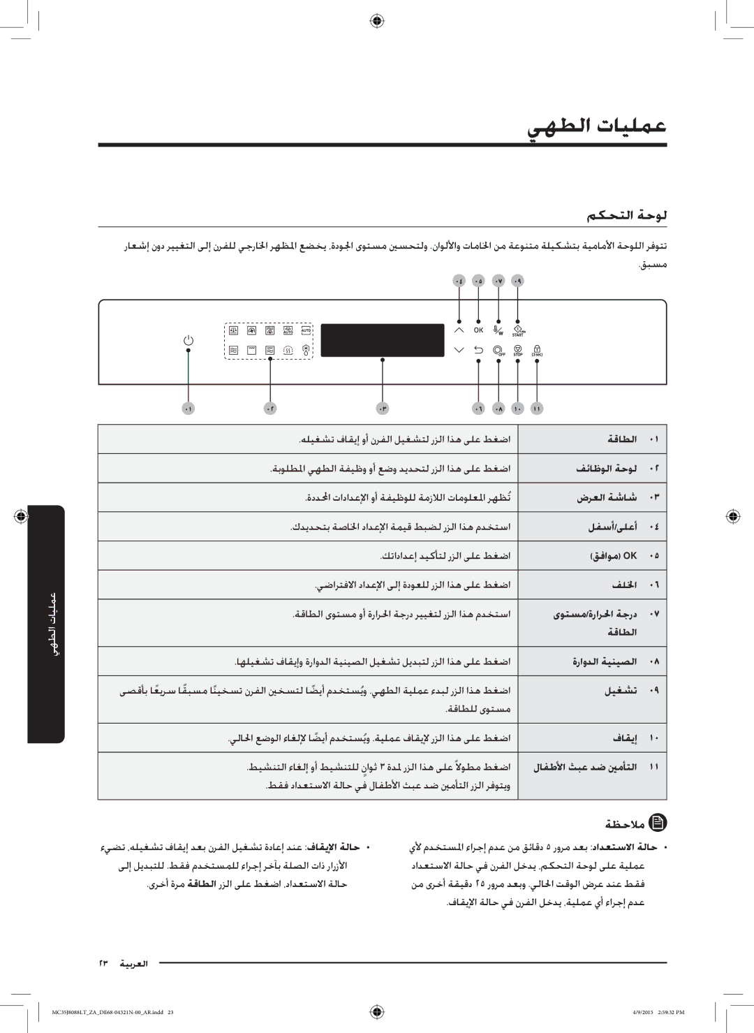 Samsung MC35J8088LT/ZA manual يهطلا تايلمع, مكحتلا ةحول 