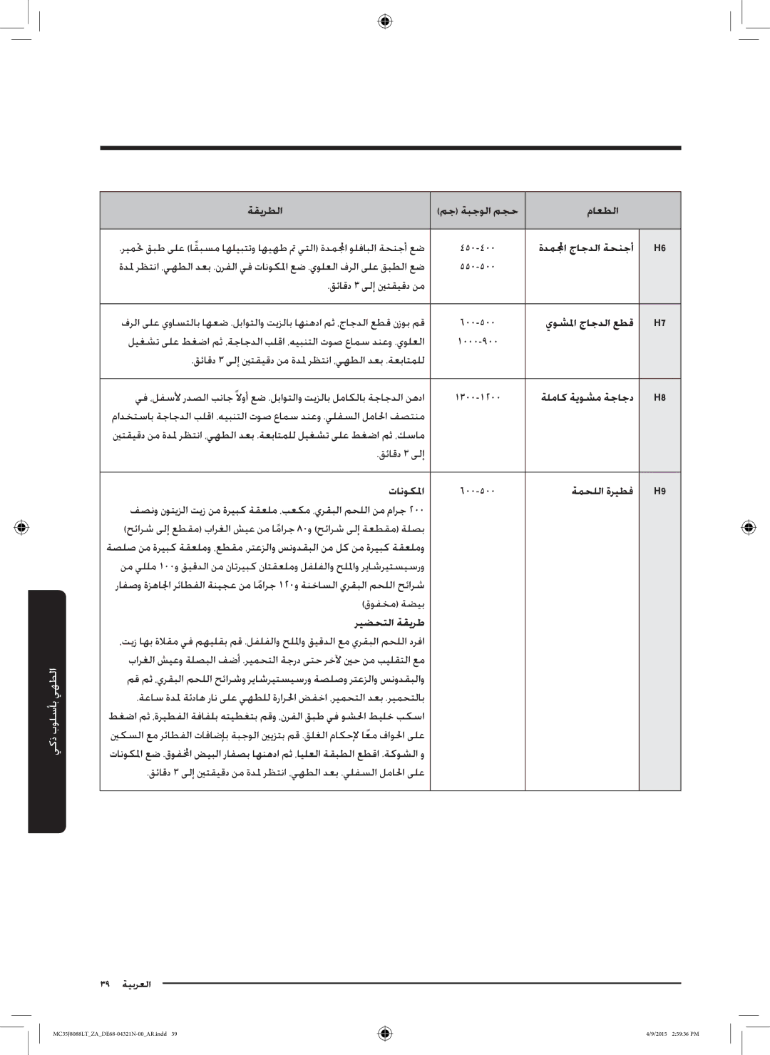 Samsung MC35J8088LT/ZA manual ةقيرطلا مج ةبجولا مجح ماعطلا, ةدملمجا جاجدلا ةحنجأ, يوشلما جاجدلا عطق, ةلماك ةيوشم ةجاجد 