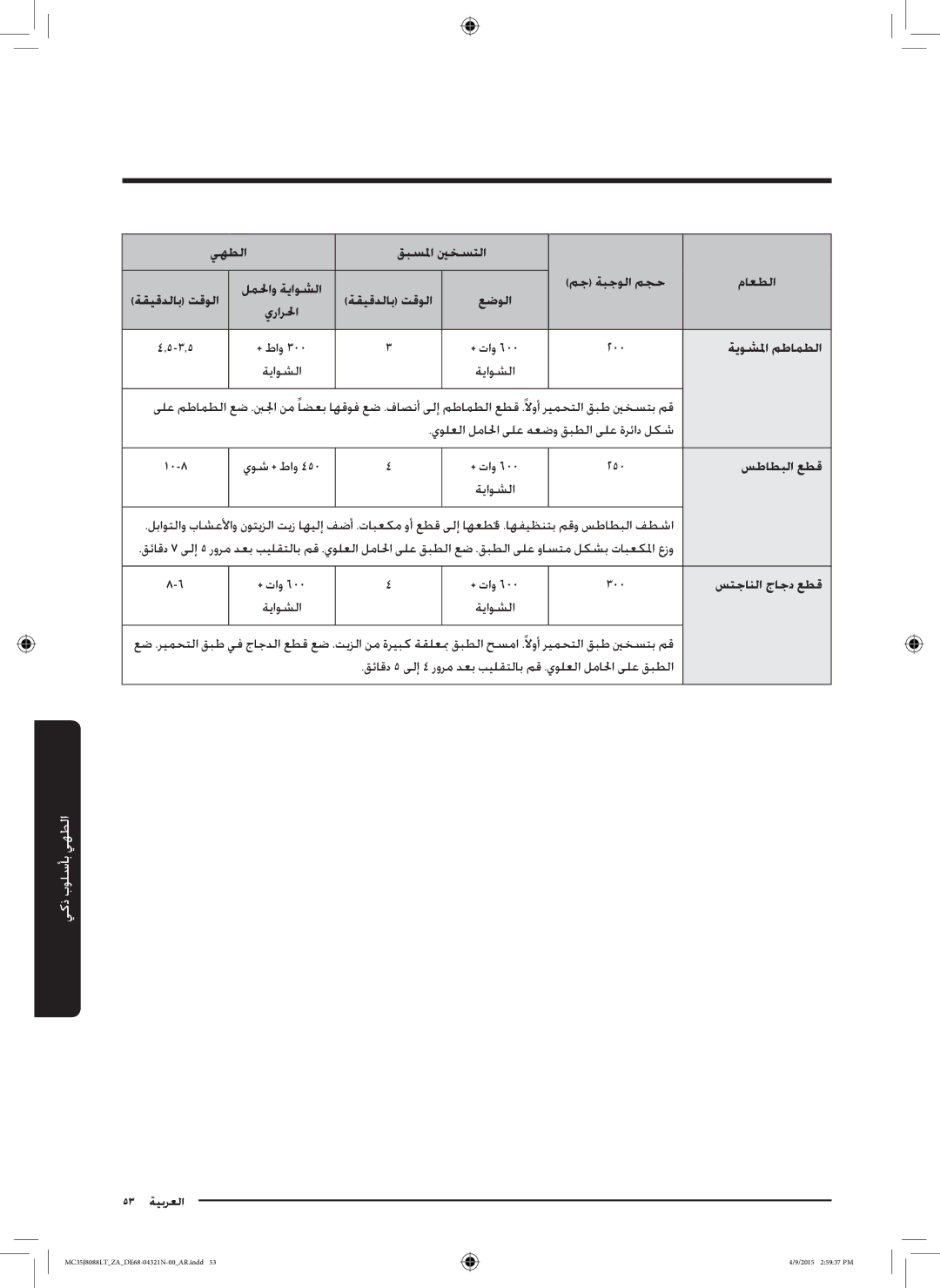 Samsung MC35J8088LT/ZA manual يولعلا لمالحا ىلع هعضو قبطلا ىلع ةرئاد لكش, سطاطبلا عطق, ستجانلا جاجد عطق 