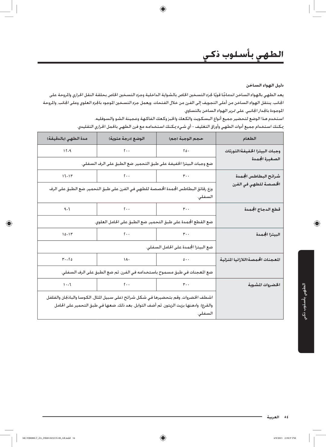 Samsung MC35J8088LT/ZA نخاسلا ءاوهلا ليلد, ةقيقدلاب يهطلا ةدم, مج ةبجولا مجح ماعطلا, ةدملمجا ةريغصلا, ةدملمجا جاجدلا عطق 