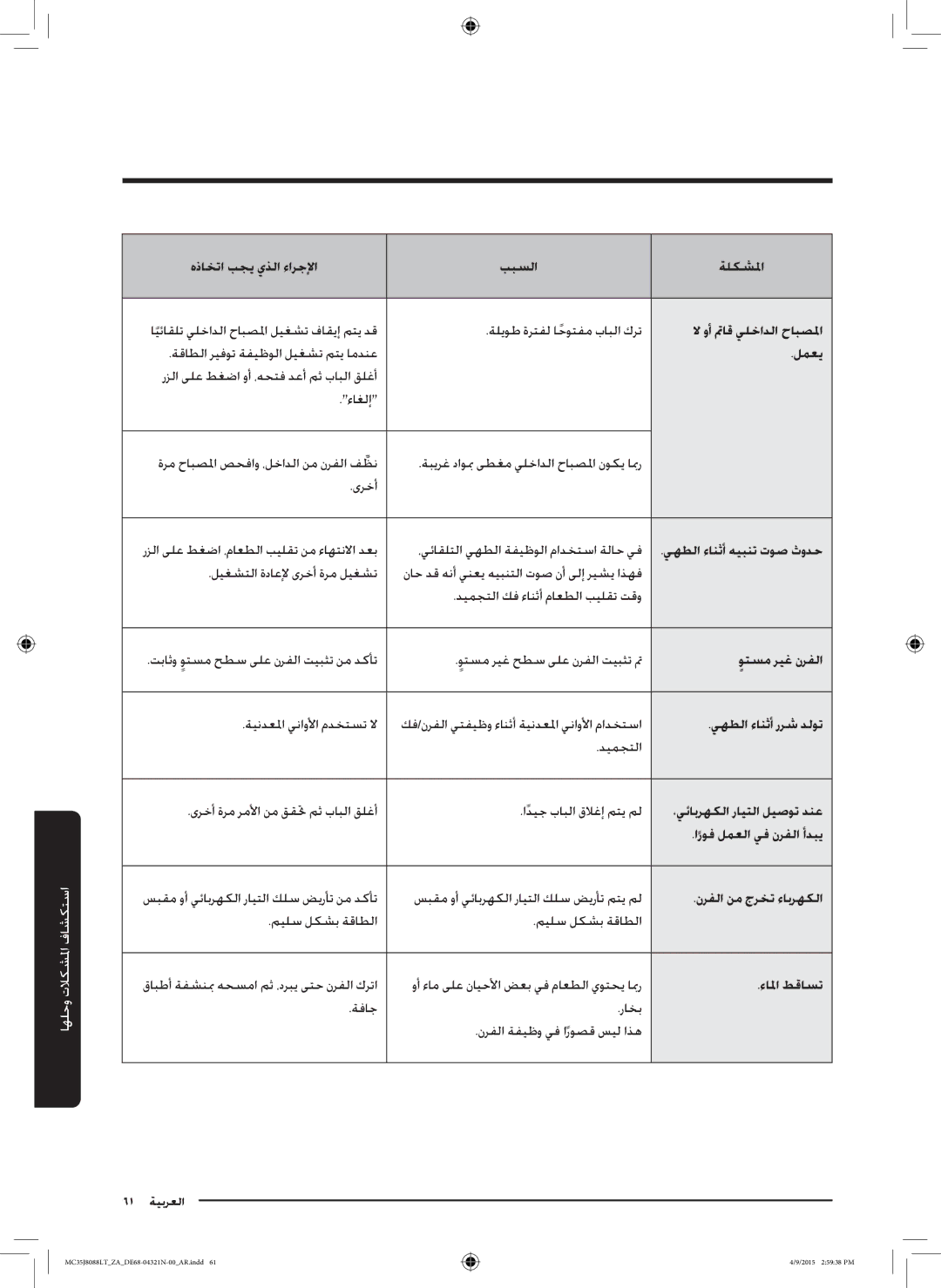 Samsung MC35J8088LT/ZA manual لمعي, وتسم ريغ نرفلا, يهطلا ءانثأ ررش دلوت, نرفلا نم جرخت ءابرهكلا, ءالما طقاست 