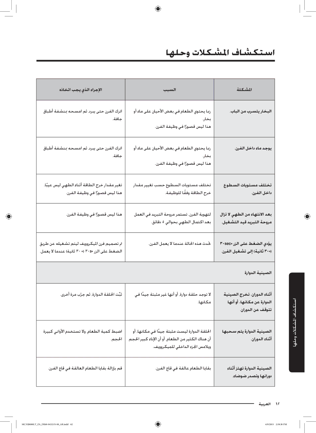 Samsung MC35J8088LT/ZA بابلا نم برستي راخبلا, نرفلا لخاد ءام دجوي, عوطسلا تايوتسم فلتخت, ةراودلا ةينيصلا, نارودلا نع فقوتت 