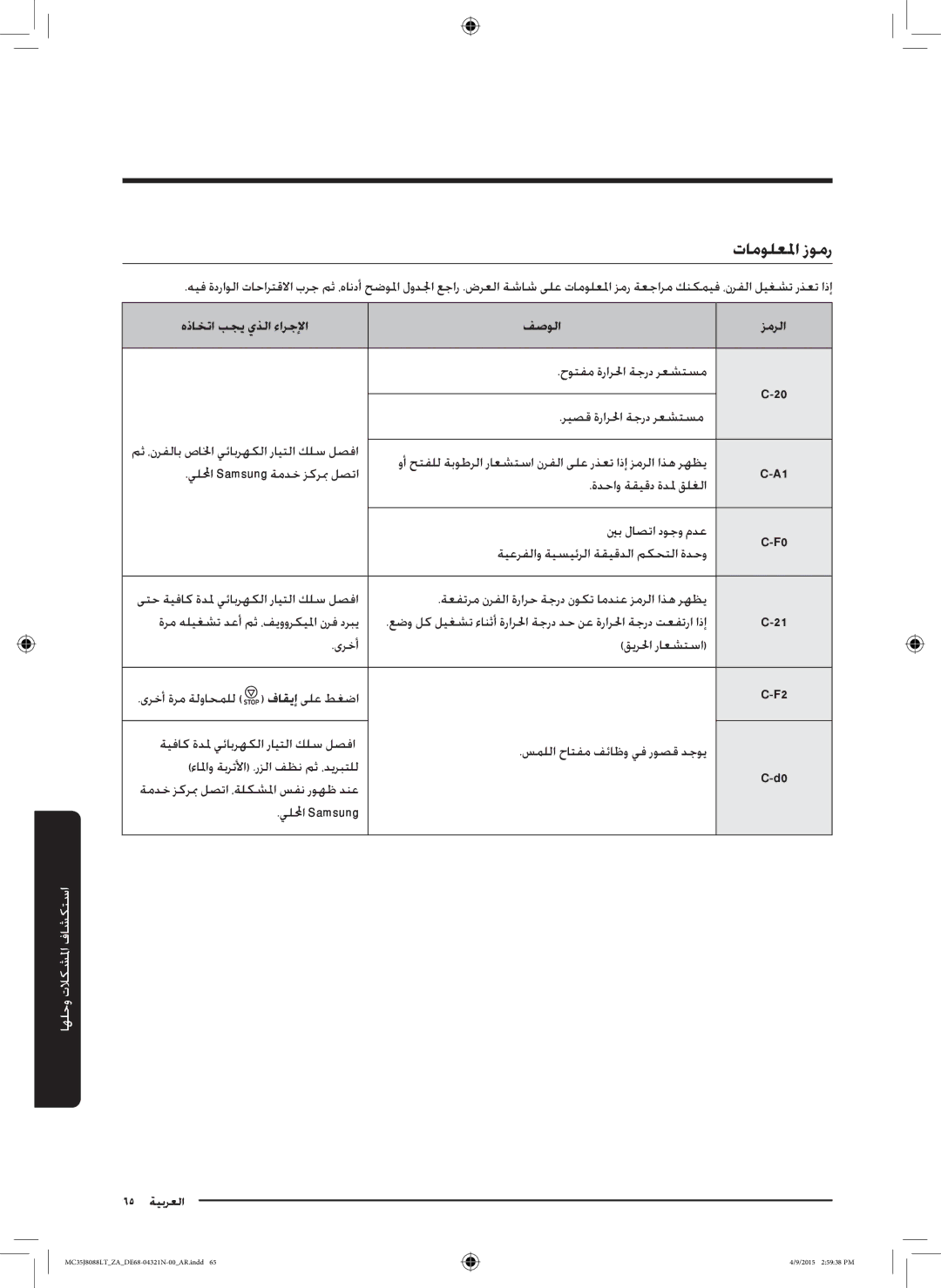 Samsung MC35J8088LT/ZA manual تامولعلما زومر, هذاختا بجي يذلا ءارجلإا فصولا زمرلا 